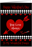 Valentine’s Day To Fiance, Red hearts on black, white diamond design card