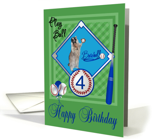 4th Birthday, raccoon playing baseball in catcher's mask on green card