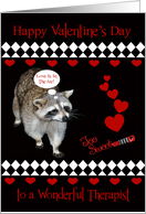 Valentine’s Day to Therapist, Raccoon, red hearts on black, diamonds card