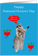 National Doctors’ Day, general, raccoon looking for stethoscope, blue card
