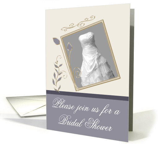 Invitations, Bridal Shower, Lilac Gray, Wedding gown, fancy frame card