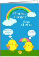 Easter from All Of Us, two yellow chicks with umbrella and eggs, blue card