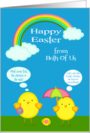 Easter from Both Of Us, two yellow chicks with umbrella and eggs, blue card