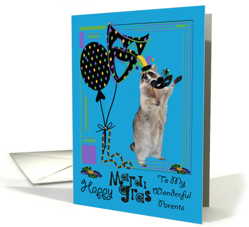 Mardi Gras to Parents Raccoon Holding a Mask Wearing a Jester Hat card