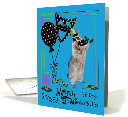 Mardi Gras To Aunt And Uncle, Raccoon holding a mask, jester hat card