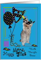 Mardi Gras To Boss, Raccoon holding a mask wearing jester hat, blue card