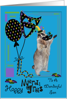 Mardi Gras To Son, Raccoon holding a mask wearing jester hat, blue card