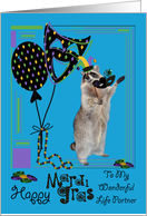Mardi Gras To Life Partner, Raccoon holding a mask wearing jester hat card