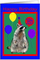 38th Birthday, Raccoon with party hat and balloons on green, red, blue card