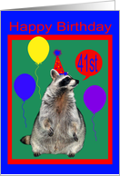 41st Birthday, Raccoon with party hat and balloons on green, red, blue card