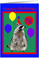 71st Birthday, Raccoon with party hat and balloons on green, red, blue card