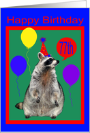 77th Birthday, Raccoon with party hat and balloons on green, red, blue card