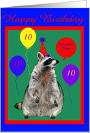 Birthday, custom, Raccoon with party hat and balloons on green, blue card