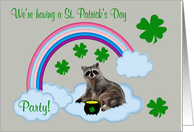 Invitations, St. Patrick’s Day Party, Raccoon on a cloud with rainbow card