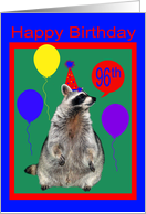 96th Birthday, Raccoon with party hat and balloons on green, red, blue card