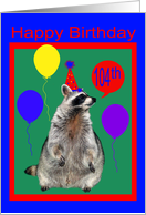 104th Birthday, adorable raccoon wearing a party hat with balloons card