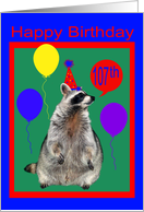 107th Birthday, Raccoon with party hat and balloons, green, red, blue card
