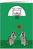 11th Birthday with Cute Raccoons Playing Basketball Under a Hoop card