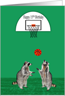 15th Birthday with Adorable Raccoons Playing Basketball on Green card