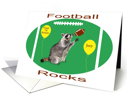Birthday Custom Age and Name with a Raccoon Playing Football card