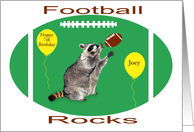 Birthday Custom Age and Name with a Raccoon Playing Football card