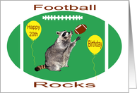 20th Birthday, raccoon playing football on green with yellow balloons card