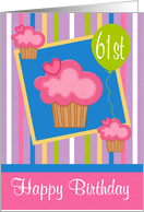 61st Birthday, Pink cupcakes on blue in a frame with a green balloon card