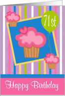 71st Birthday, Pink cupcakes on blue in a frame with a green balloon card