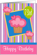 73rd Birthday, Pink cupcakes on blue in a frame with a green balloon card
