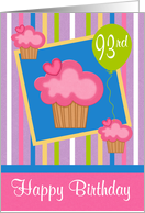 93rd Birthday, Pink cupcakes on blue in a frame with a green balloon card