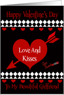 Valentine’s Day To Girlfriend, Red hearts on black, white diamonds card