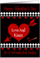 Valentine’s Day To Sister, Red hearts on black, white diamonds card