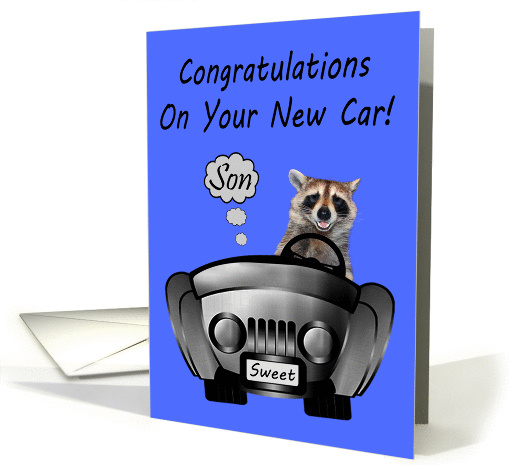 Congratulations On New Car To Son, Smiling Raccoon Driving A Car card
