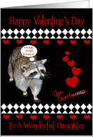 Valentine’s Day To Daughter, Raccoon, red hearts on black, diamonds card