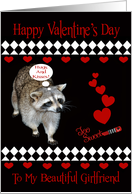 Valentine’s Day To Girlfriend, Raccoon, red hearts on black, diamonds card