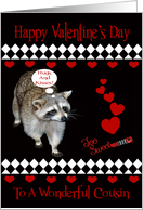 Valentine’s Day To Cousin, Raccoon, red hearts on black, diamonds card