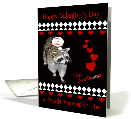 Valentine's Day to Daughter and Son-in-Law, Raccoon, red hearts card
