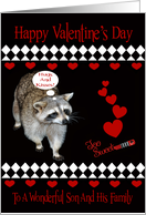 Valentine’s Day to Son and Family with a Raccoon and Hearts on Black card