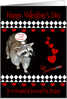 Valentine’s Day To Son And Partner, Raccoon, red hearts on black card