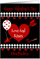 Birthday On Valentine’s Day, general, red hearts and balloon, black card