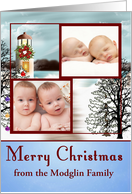 Christmas, custom name photo card, snowy lighthouse scene on blue card