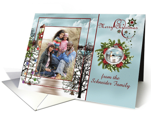 Christmas, custom name photo card, snowy lighthouse scene on blue card