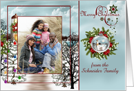 Christmas, custom name photo card, snowy lighthouse scene on blue card