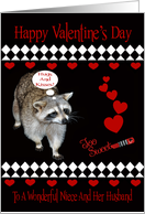 Valentine’s Day to Niece and Husband, Cute raccoon with red hearts card