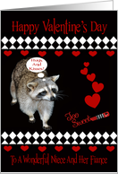 Valentine’s Day To Niece And Fiance, Raccoon, red hearts on black card