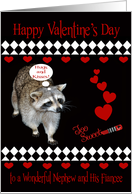 Valentine’s Day to Nephew and Fiancee, Raccoon, red hearts on black card