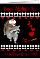 Valentine’s Day To Granddaughter And Husband, Raccoon, red hearts card