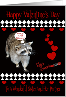 Valentine’s Day To Sister And Partner, Raccoon, red hearts on black card