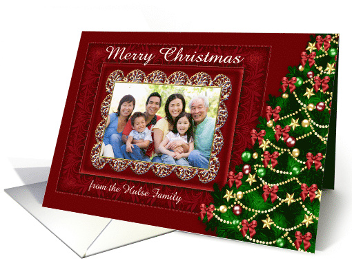Christmas Custom Name Photo Card with a Deep Burgundy Frame card