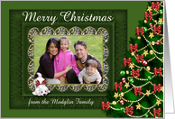 Christmas, custom name photo card, Deep green fancy frame, dog, tree card